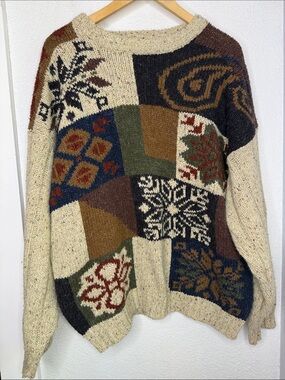 Vintage Etchings Southwestern Snowflake Patchwork Knit Sweater Wool Blend 90s